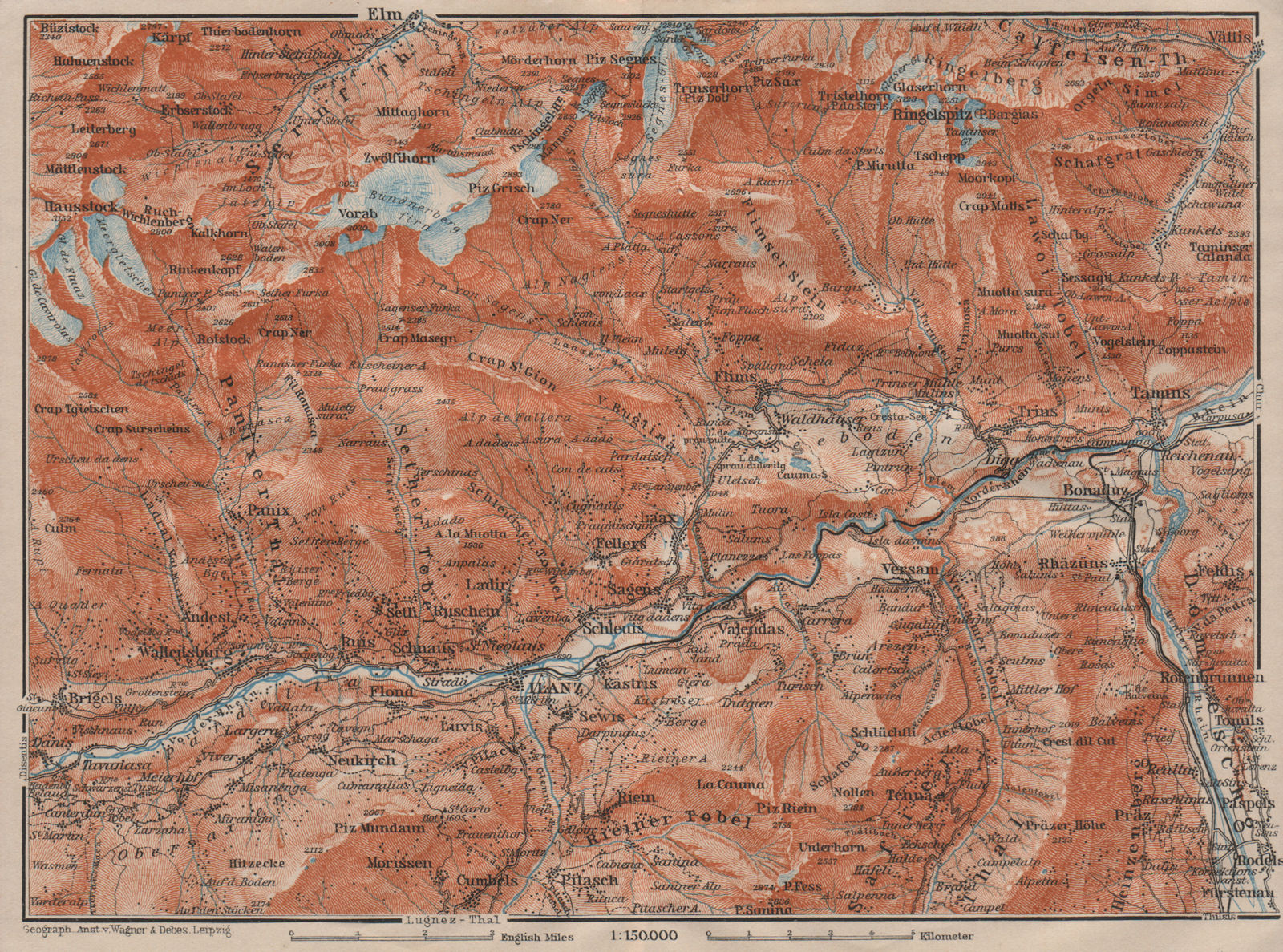 ILANZ & FLIMS AREA. Laax Obersaxen Mundaun Brigels Waltensburg Tamins 1911 map